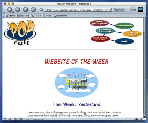 screen capture of PopCult Website of the week screen