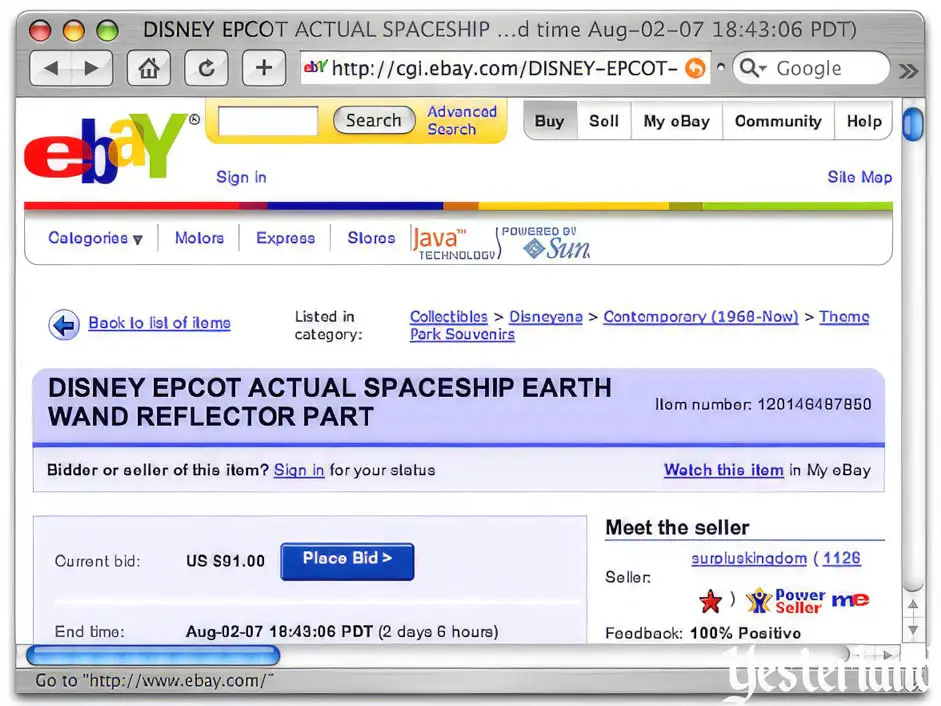 Screen capture of eBay auction for Spaceship Earth wand reflector part