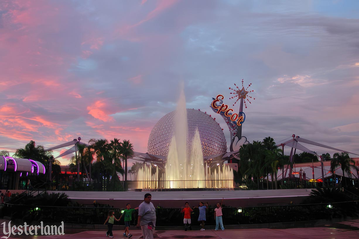 Epcot Icon Tower and Spaceship Earth at sunset