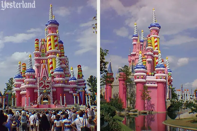 pink birthday cake overlay on Cinderella Castle, Magic Kingdom, for the 25th anniversary of Walt Disney World