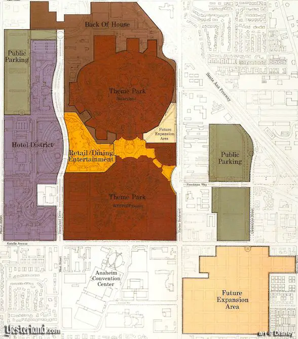 Distinct zones of the Disneyland Resort plan of 1991